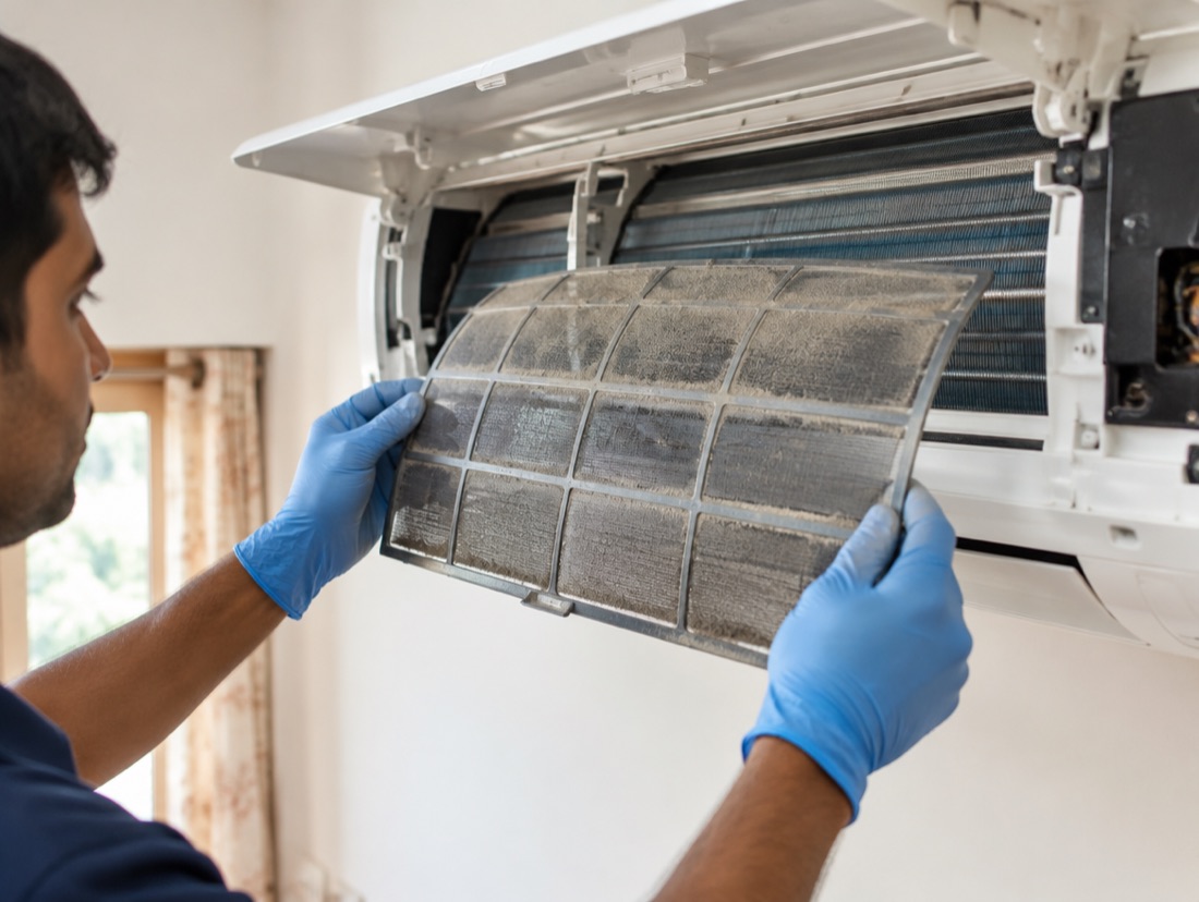 A technician cleaning the filter of a split AC in a Jaipur home